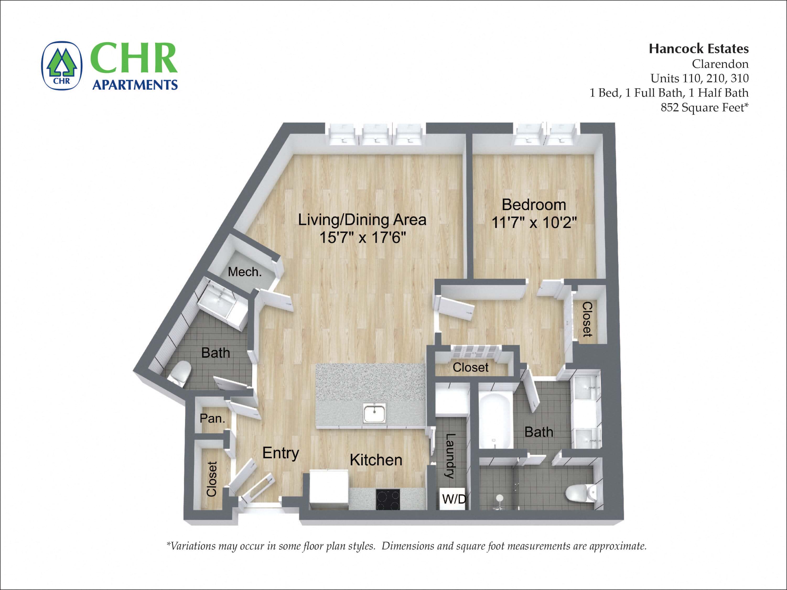 Floor plan for 1 bed, 1.5 baths, 950 sqft